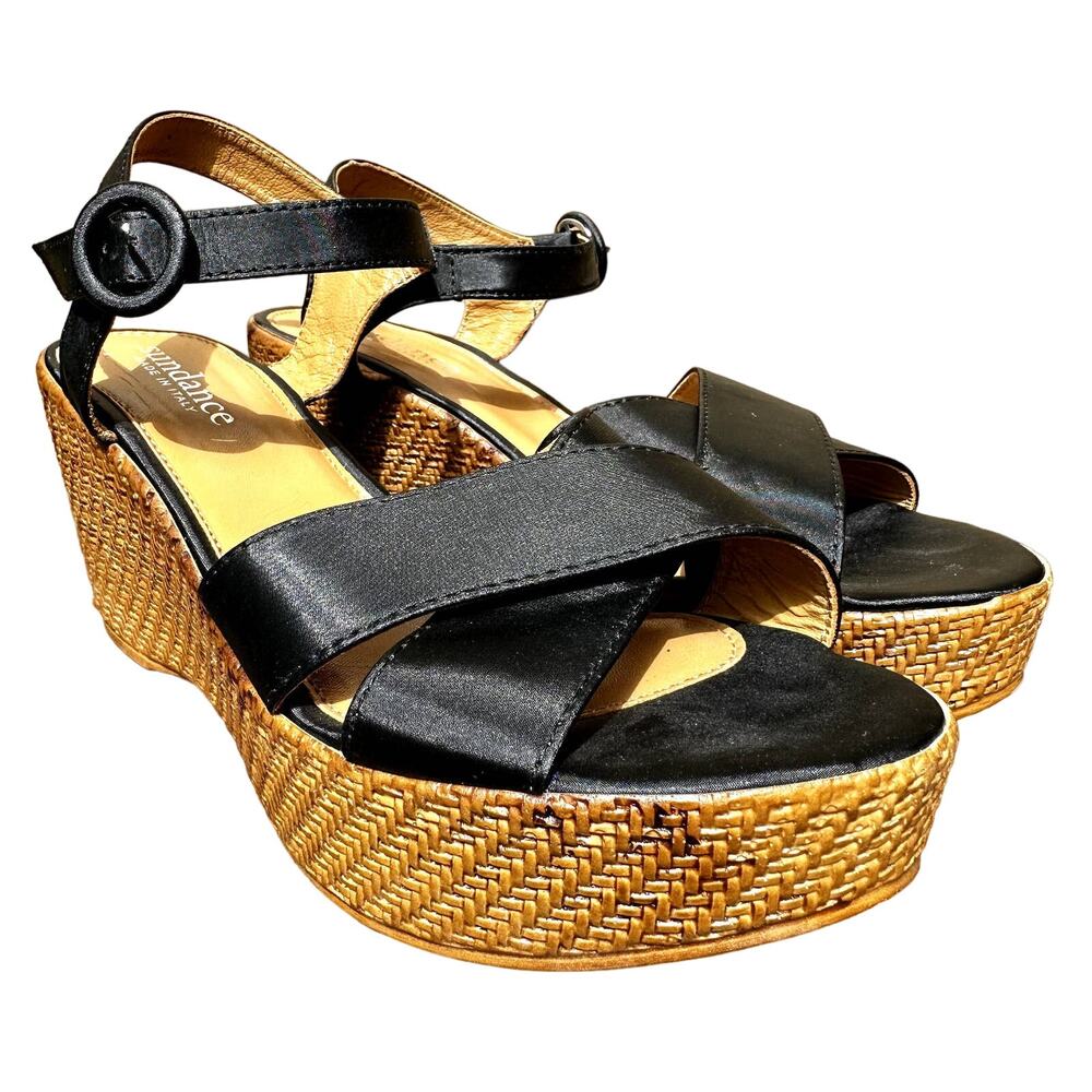 Sundance Wedges Sandals Satin Strappy Ankle Buckle Strap Black 40 9.5 NWOT